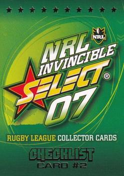 2007 Select NRL Invincible #002 Checklist #2 Front
